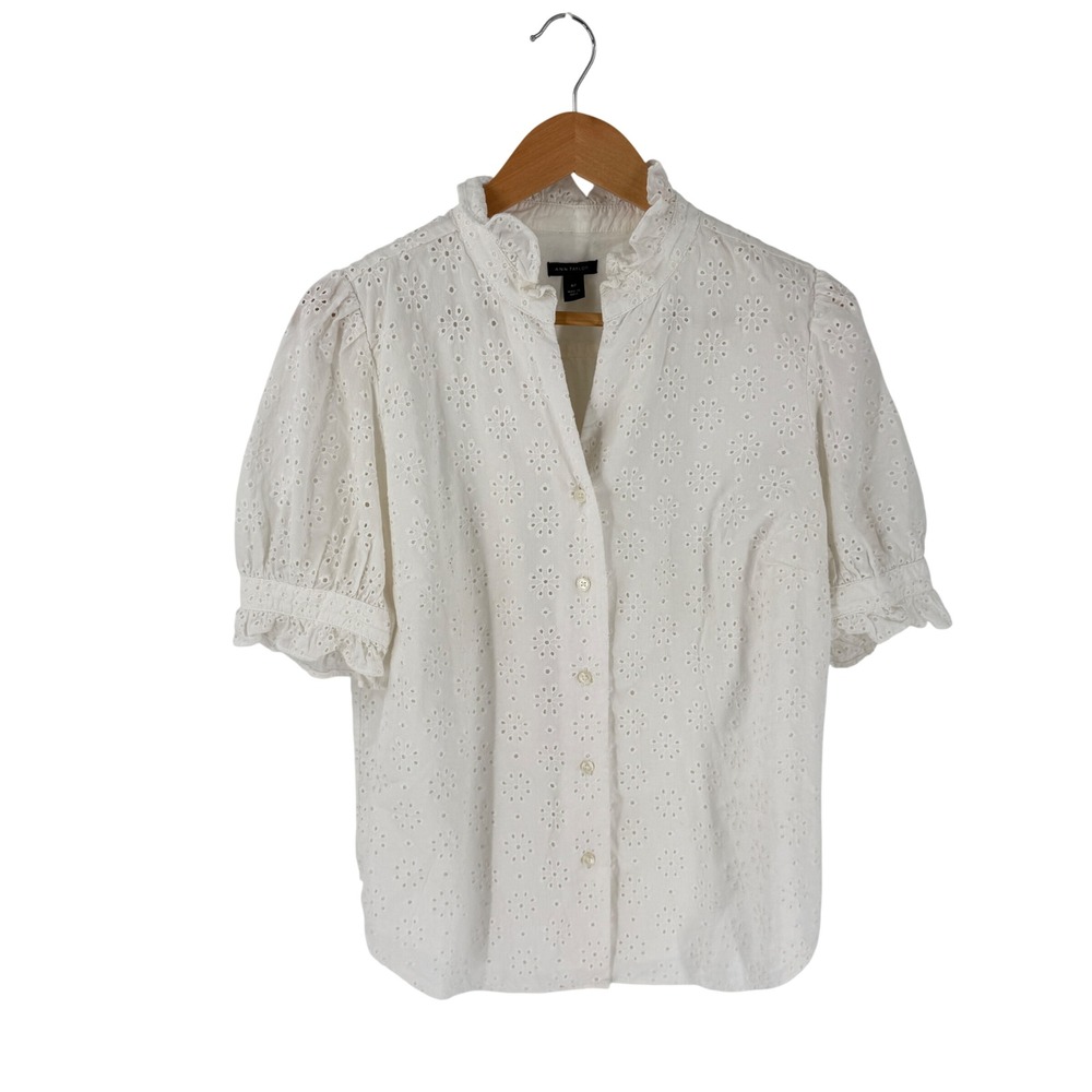 Ann Taylor Eyelet Blouse White MP Ruffle Puff Sleeve Cotton Top
